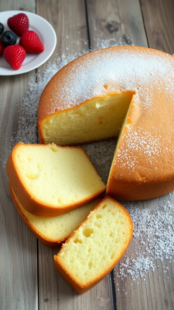 finished golden pound cake on a wooden plate with a dusting of powdered sugar